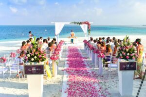 A beautiful outdoor beach wedding setup with rose petals, guests, and ocean view.